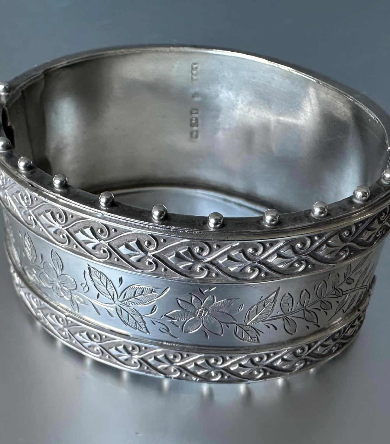 Large Silver Beaded Victorian Aesthetic Movement Bangle