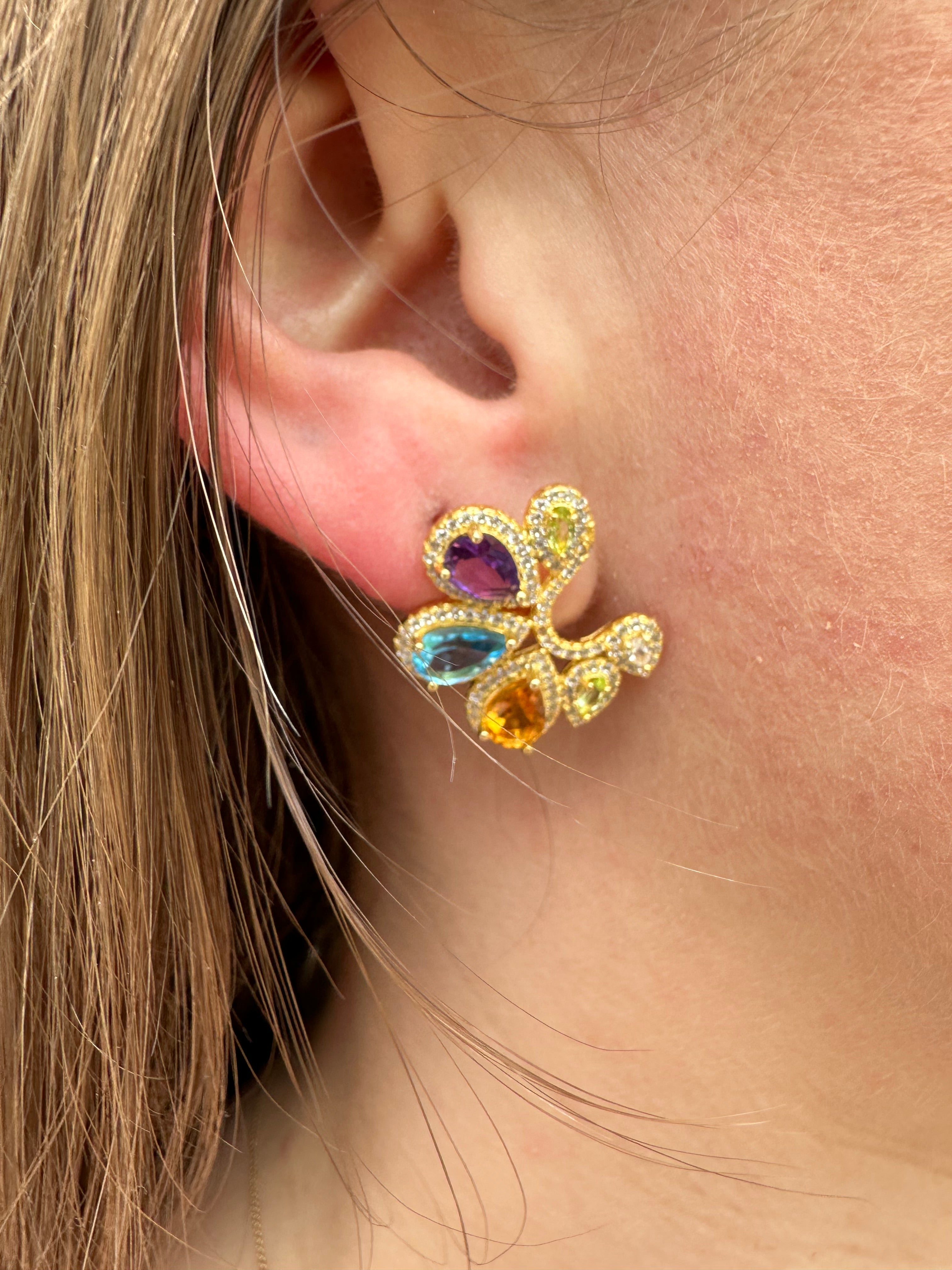 Multi Stone Crescent Earrings