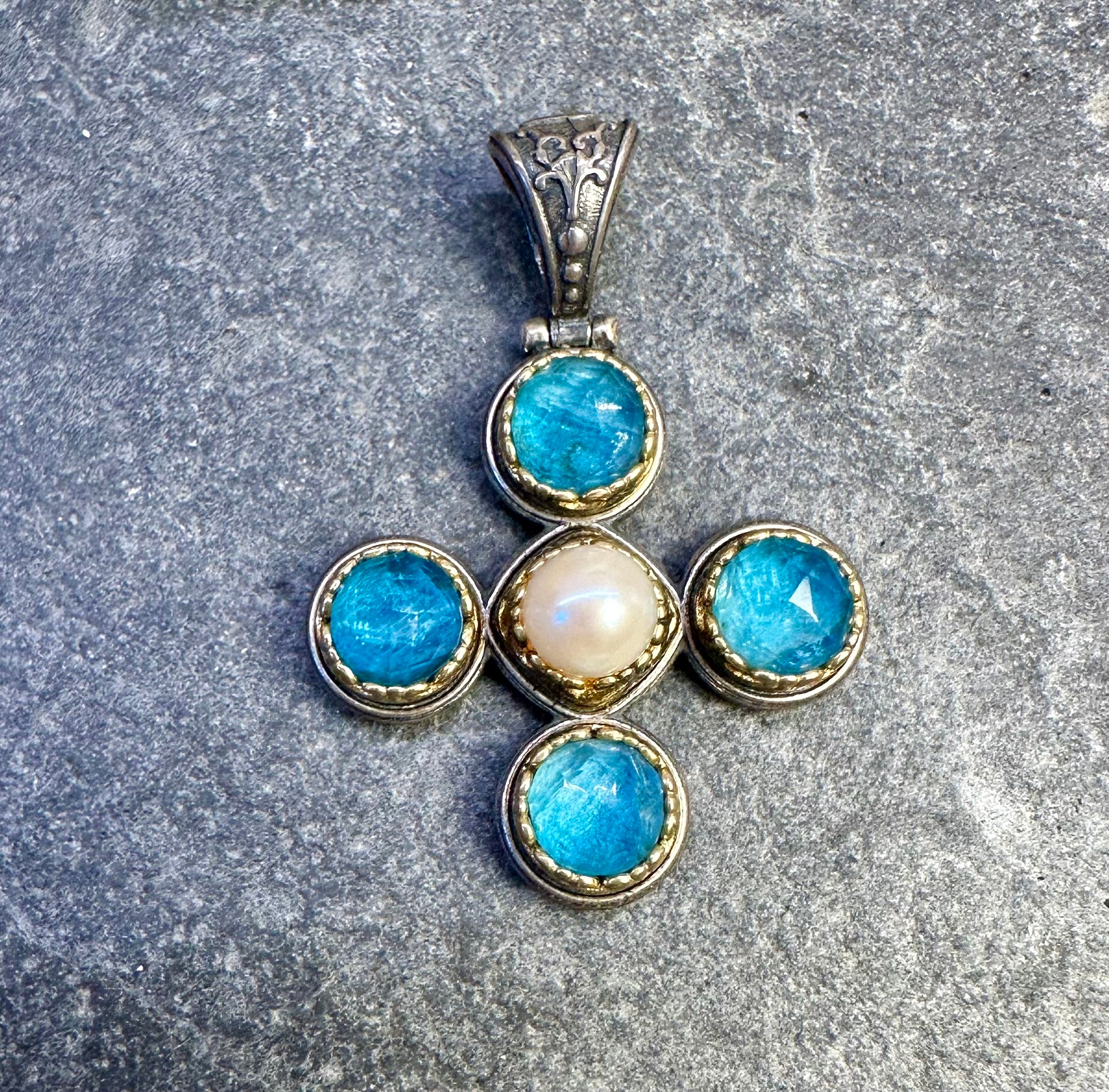 Turquoise Doublet,Pearl and Silver Pendant Cross