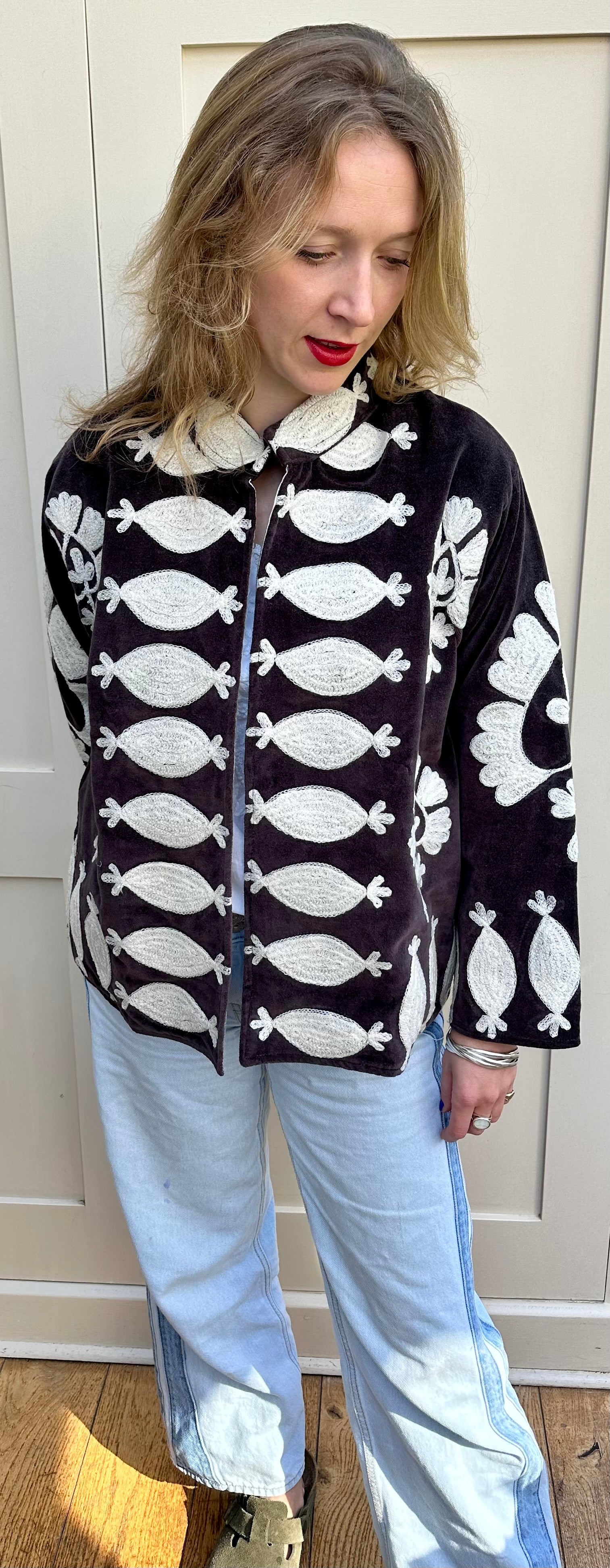 Dark Grey Velvet Embroidered Jacket