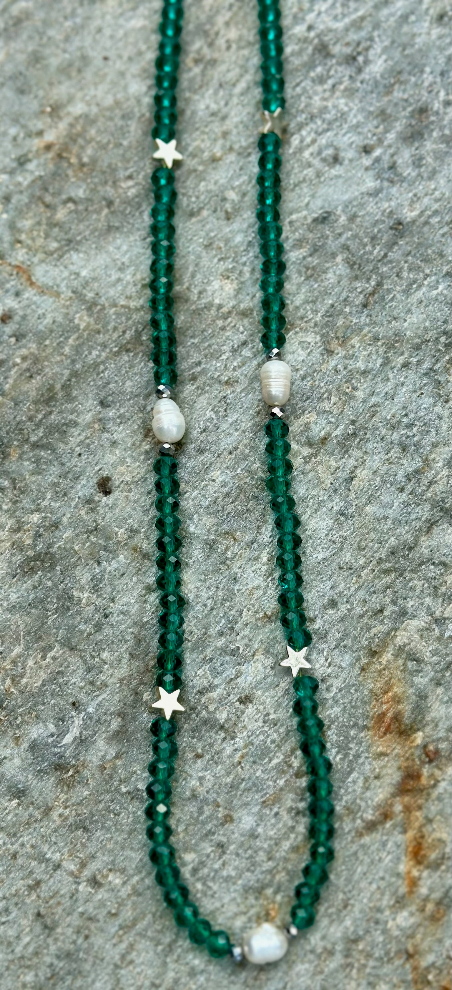 Green Bead,Star and Pearl Necklace
