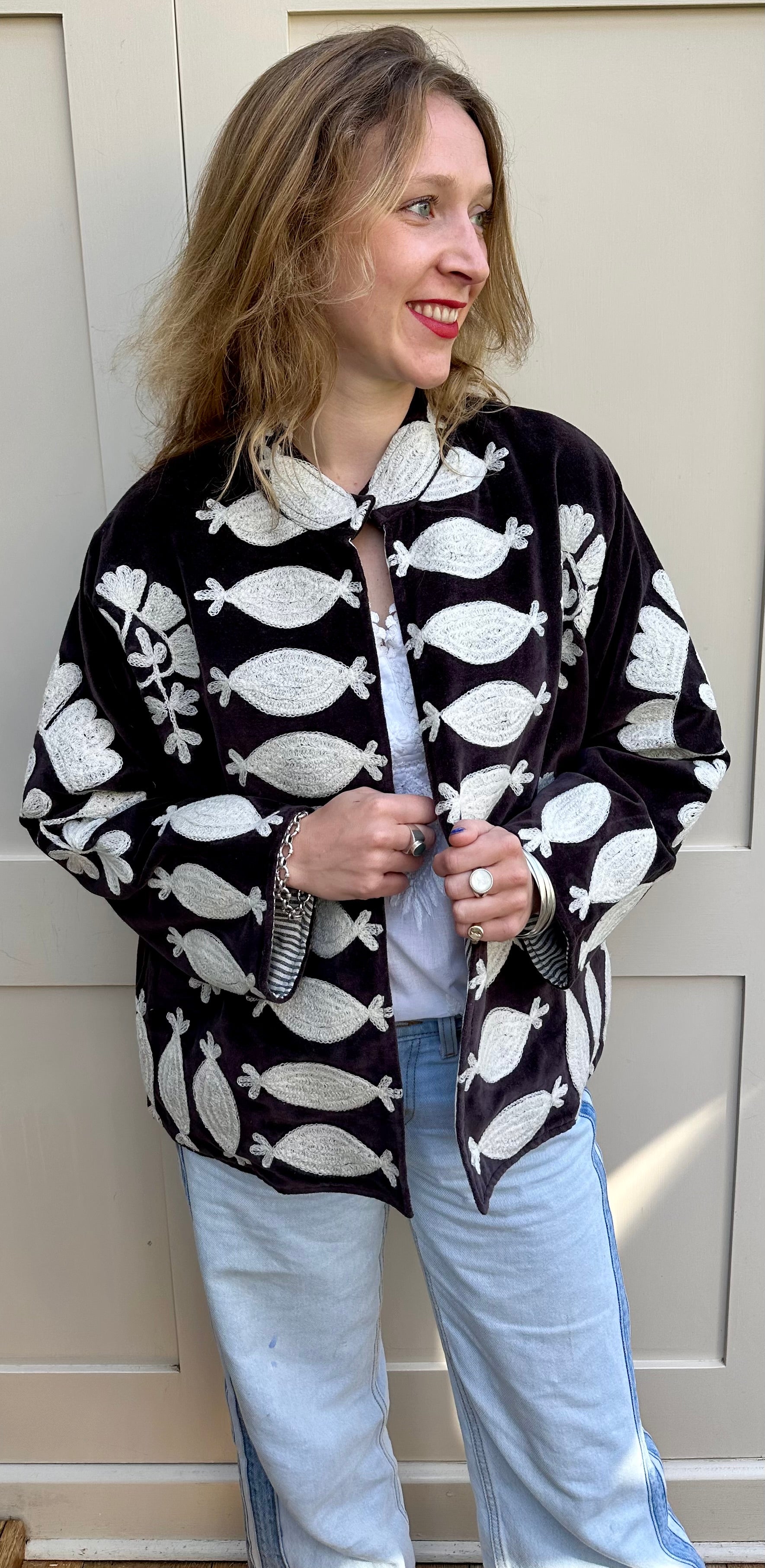 Dark Grey Velvet Embroidered Jacket