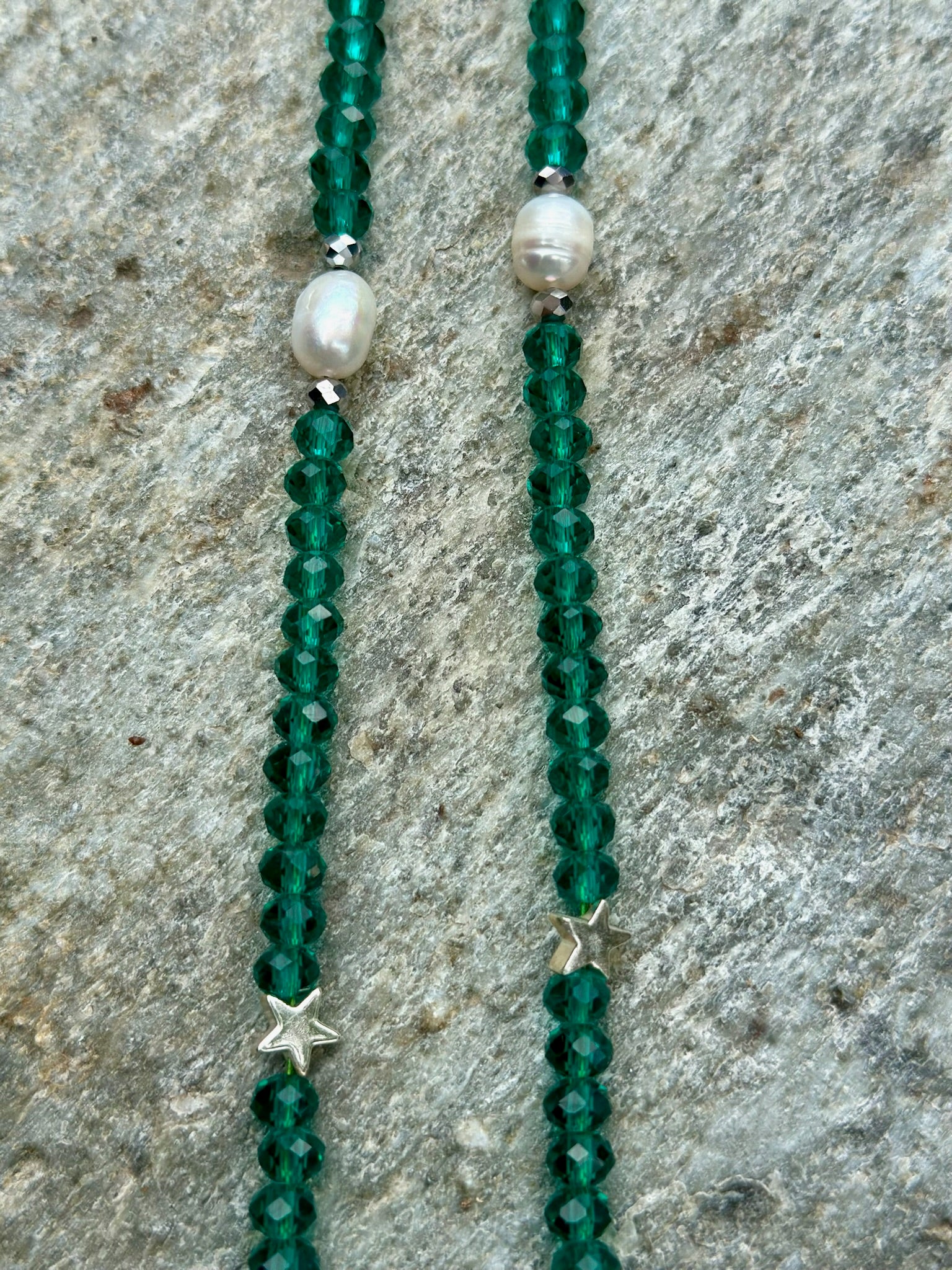 Green Bead,Star and Pearl Necklace