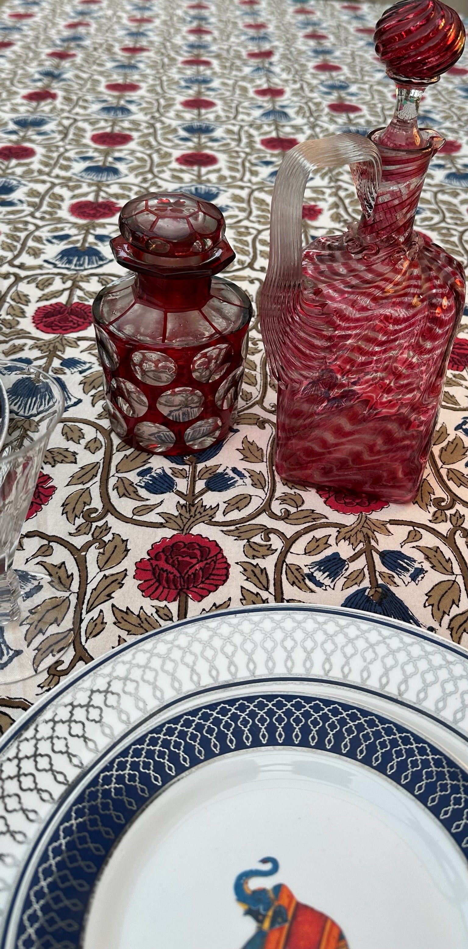 Anokhi Blue and Red Tulip Tablecloth