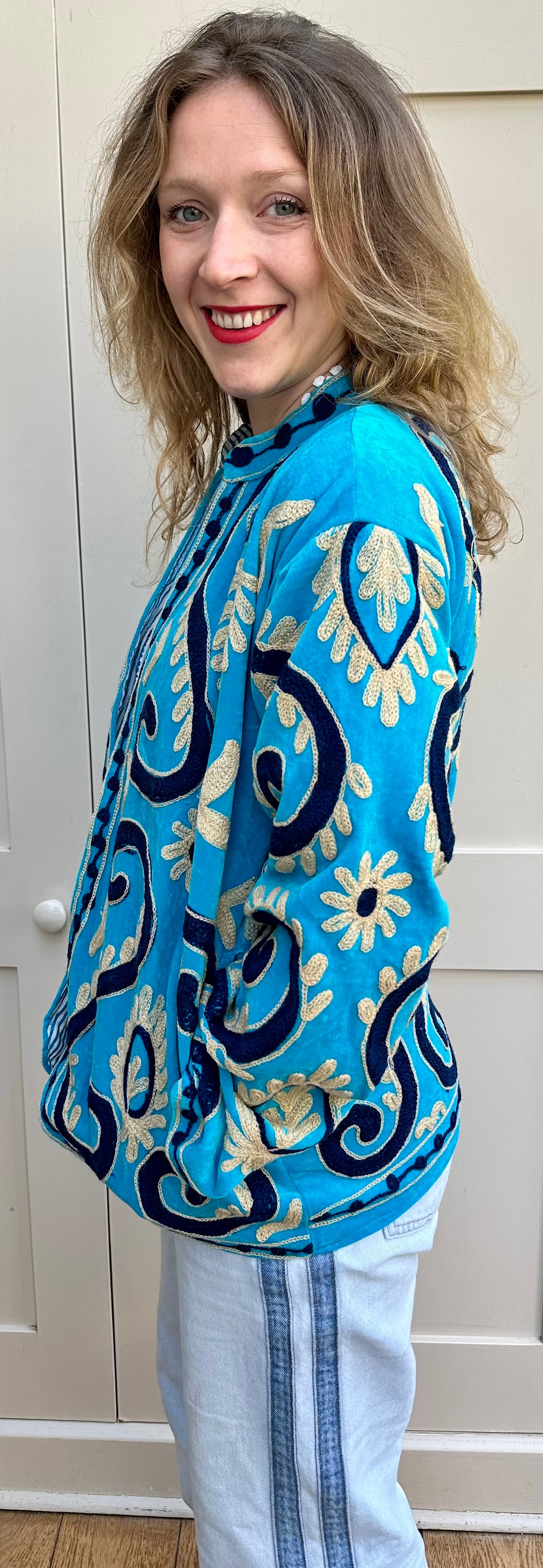 Turquoise Velvet Embroidered Jacket