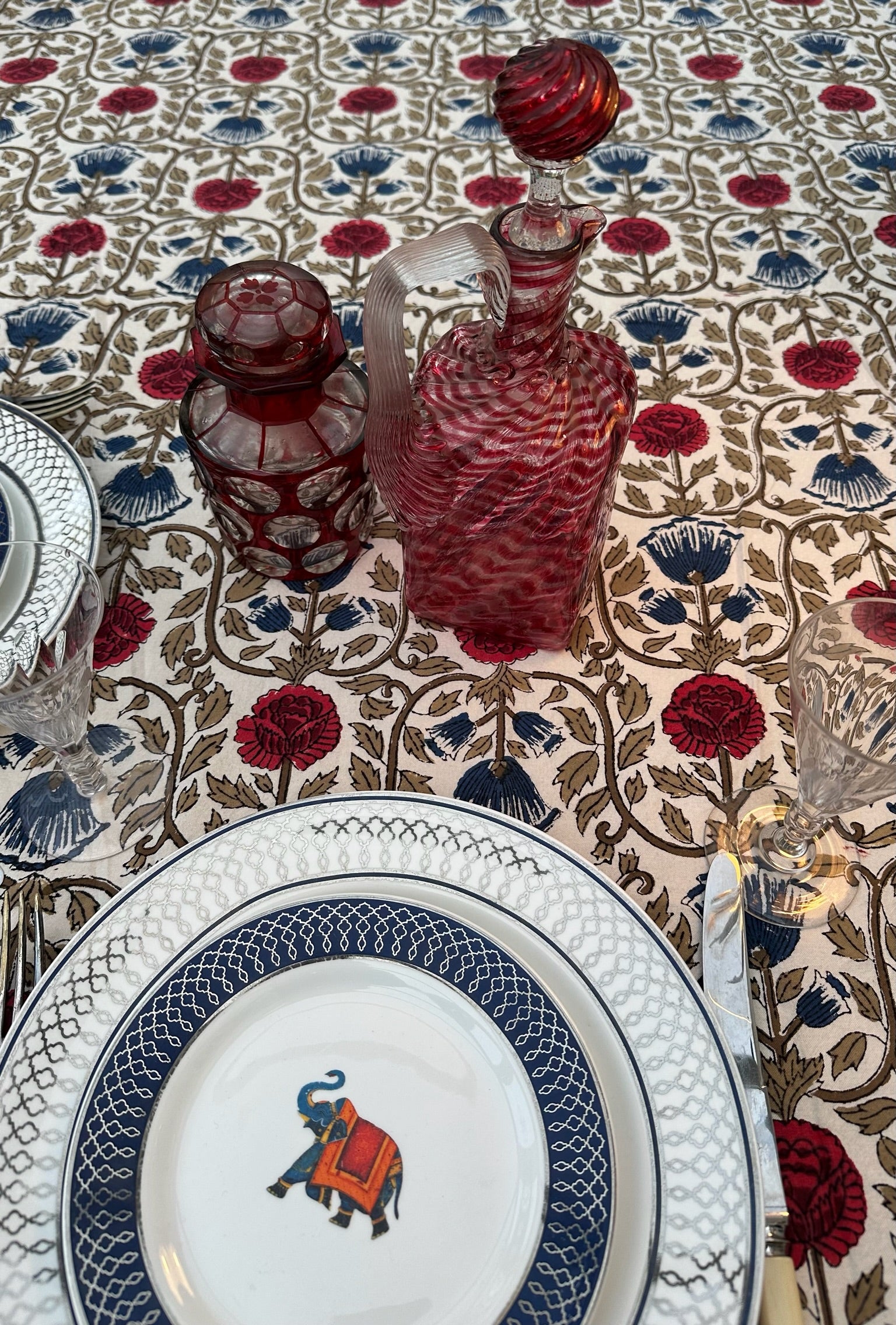 Anokhi Blue and Red Tulip Tablecloth