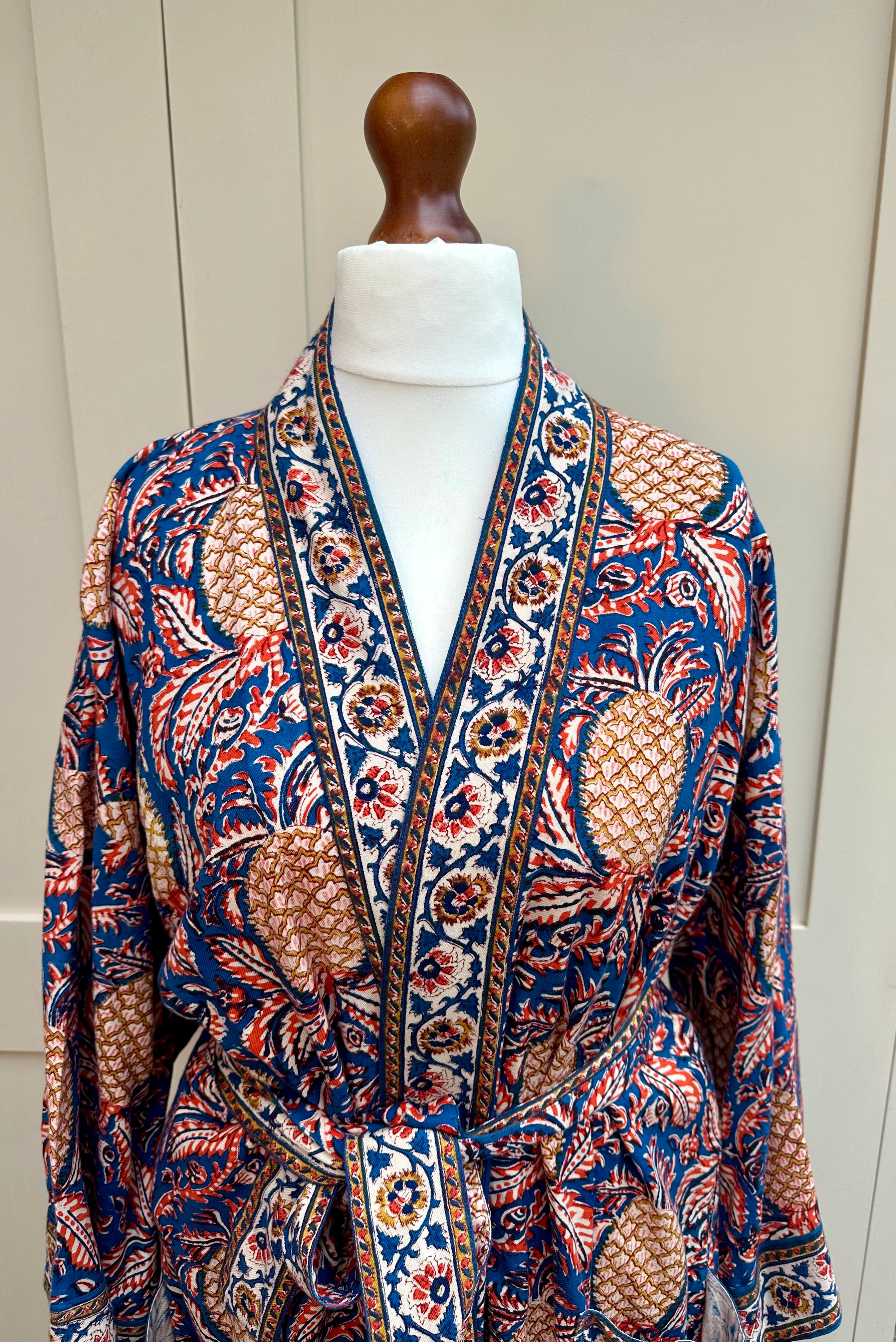 Anokhi Blue Pineapple Long Dressing Gown