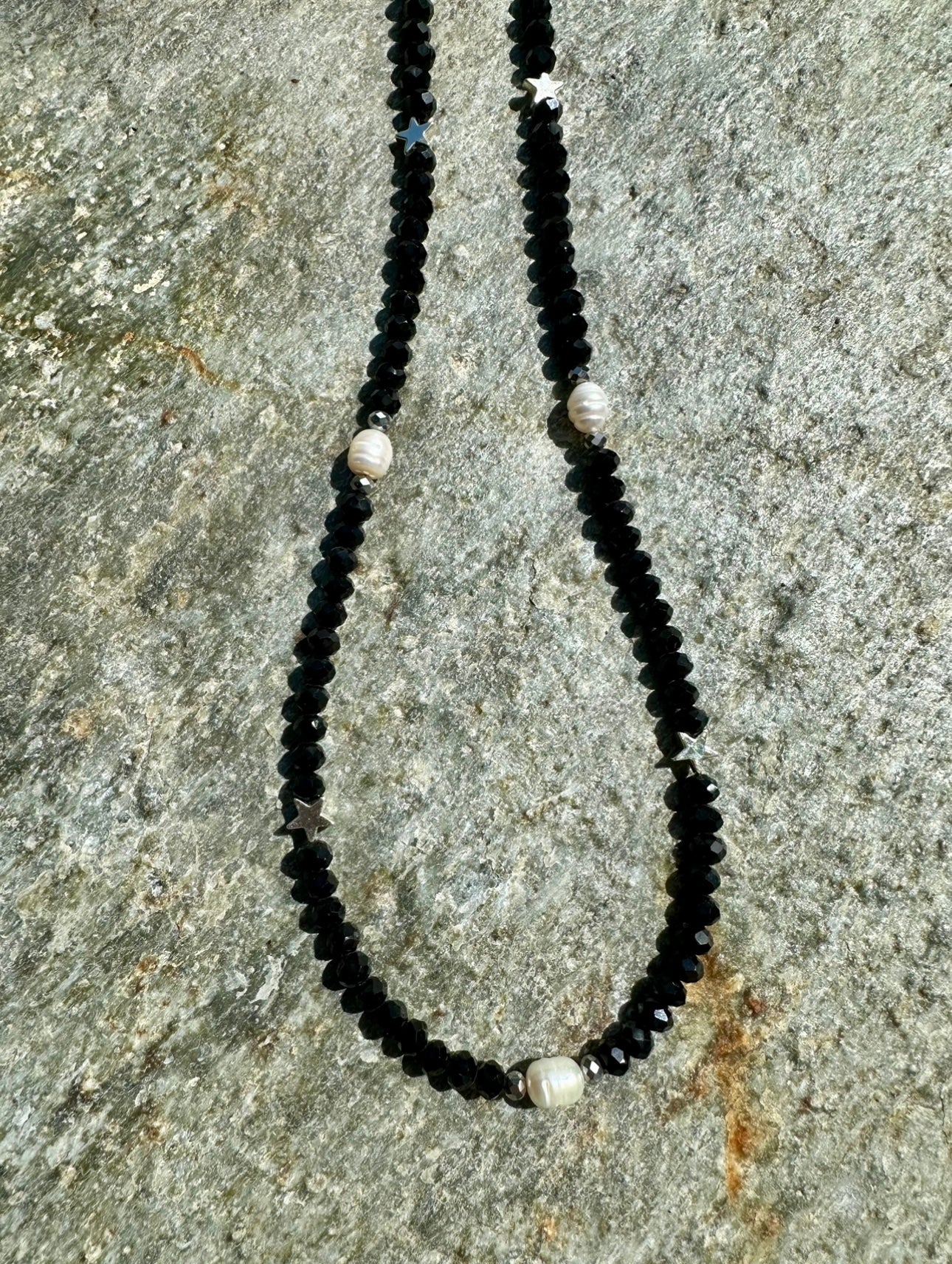 Black Bead,Star and Pearl Necklace