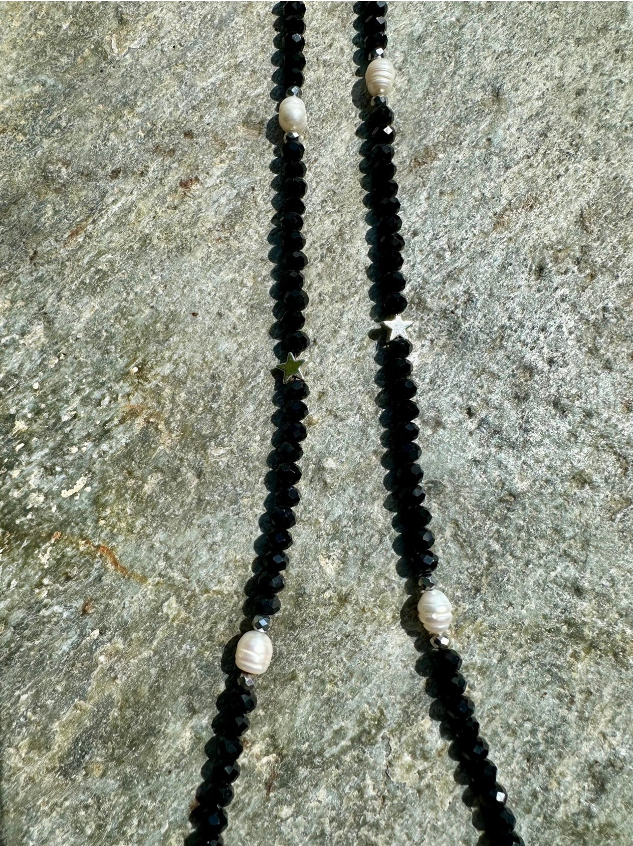 Black Bead,Star and Pearl Necklace