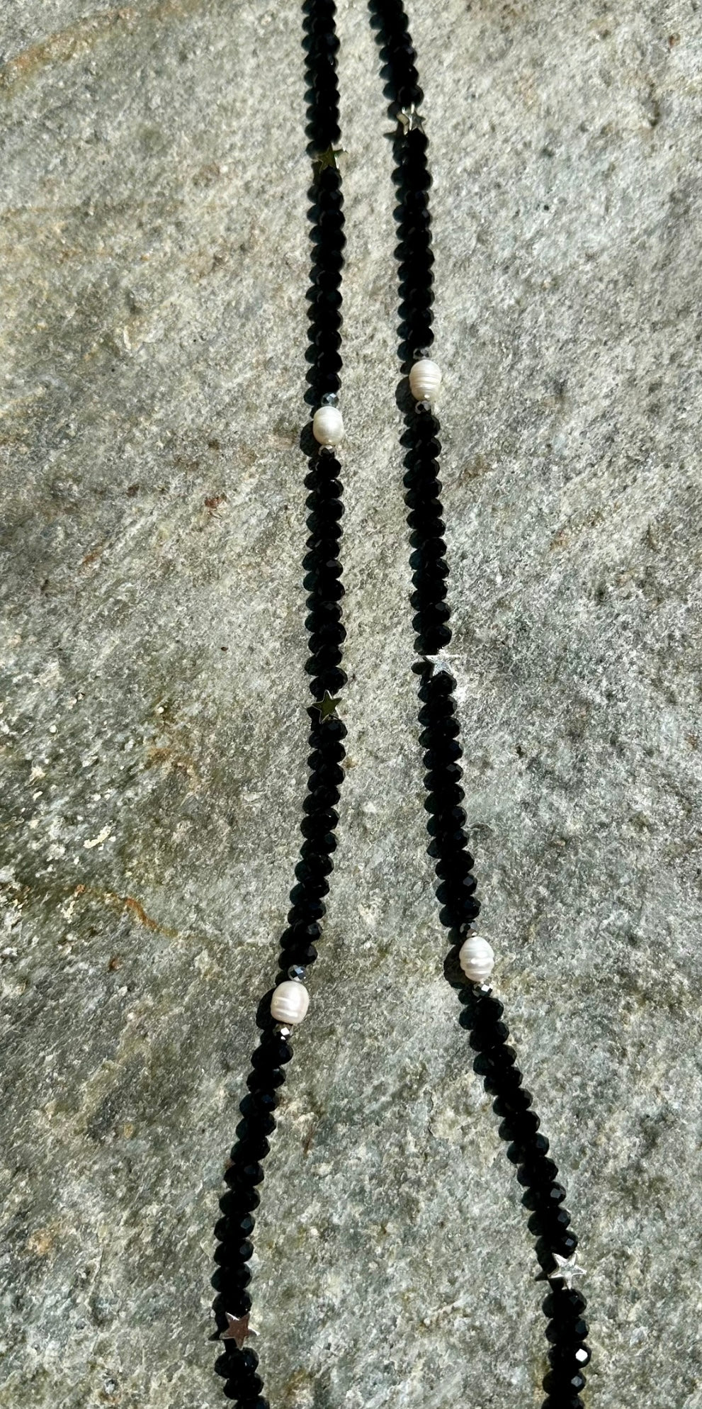 Black Bead,Star and Pearl Necklace