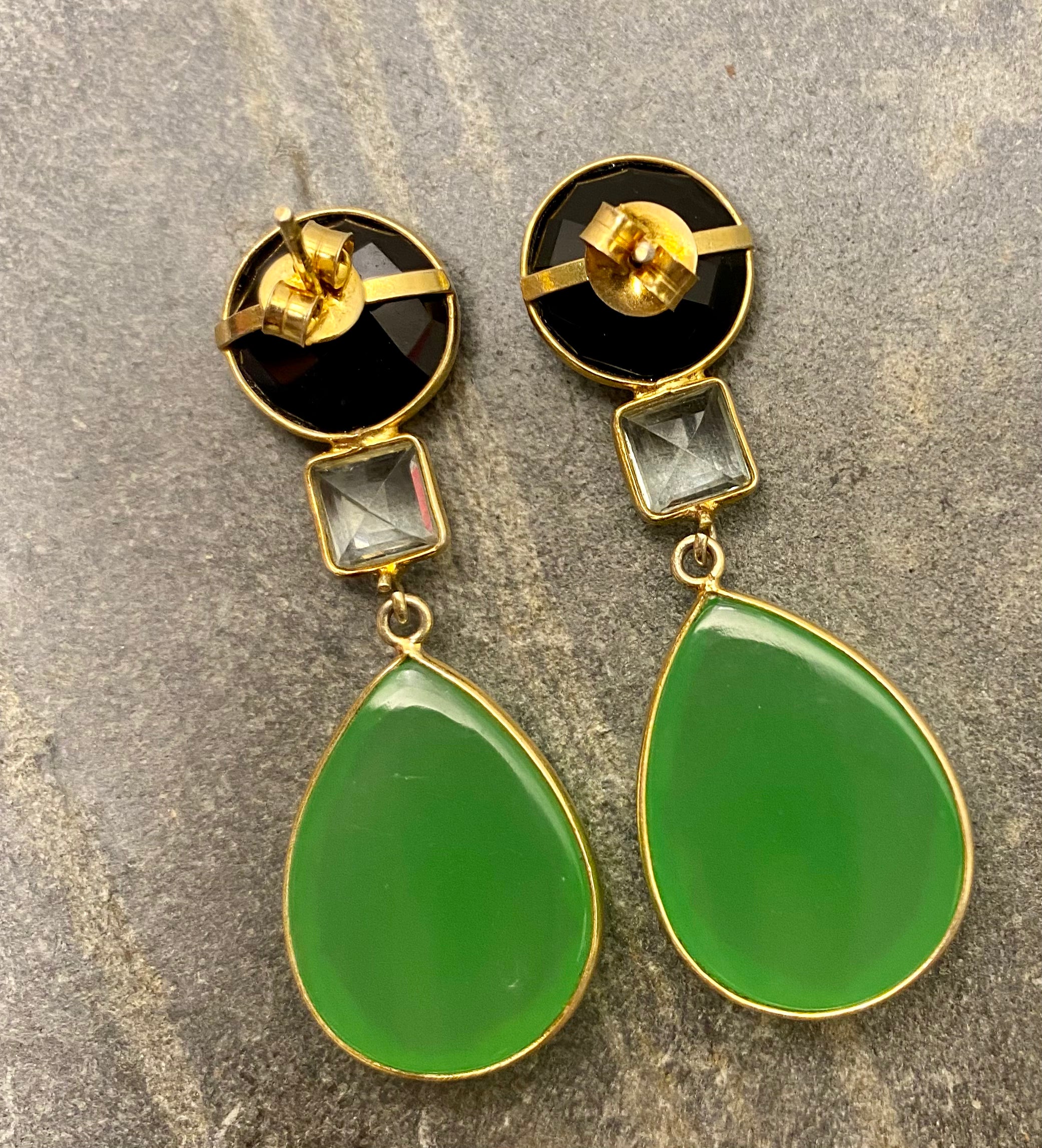 Black Onyx,Rock Crystal and Green Chalcedony Mavis Earrings