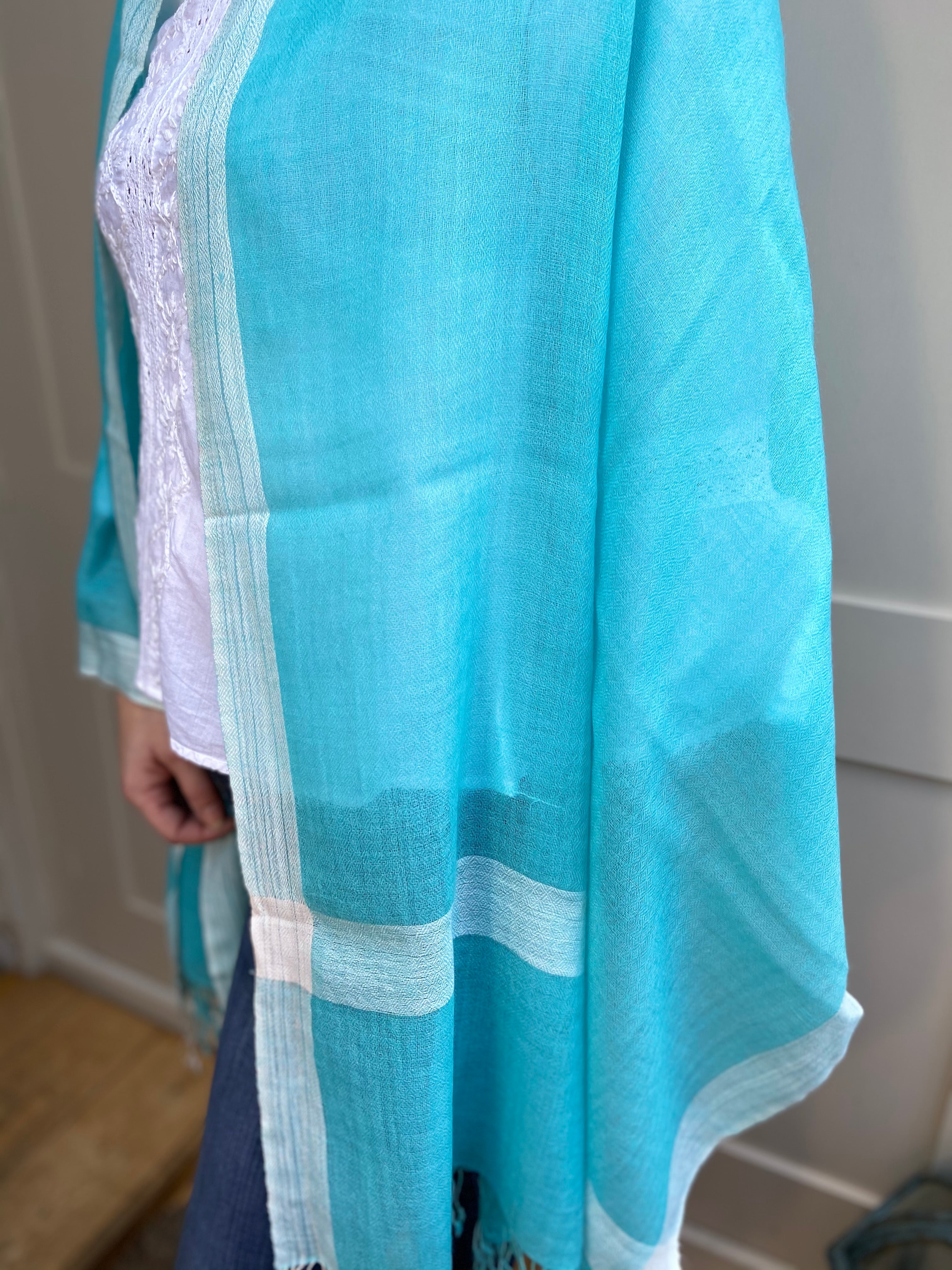 Turquoise Bordered Fine Woollen Shawl