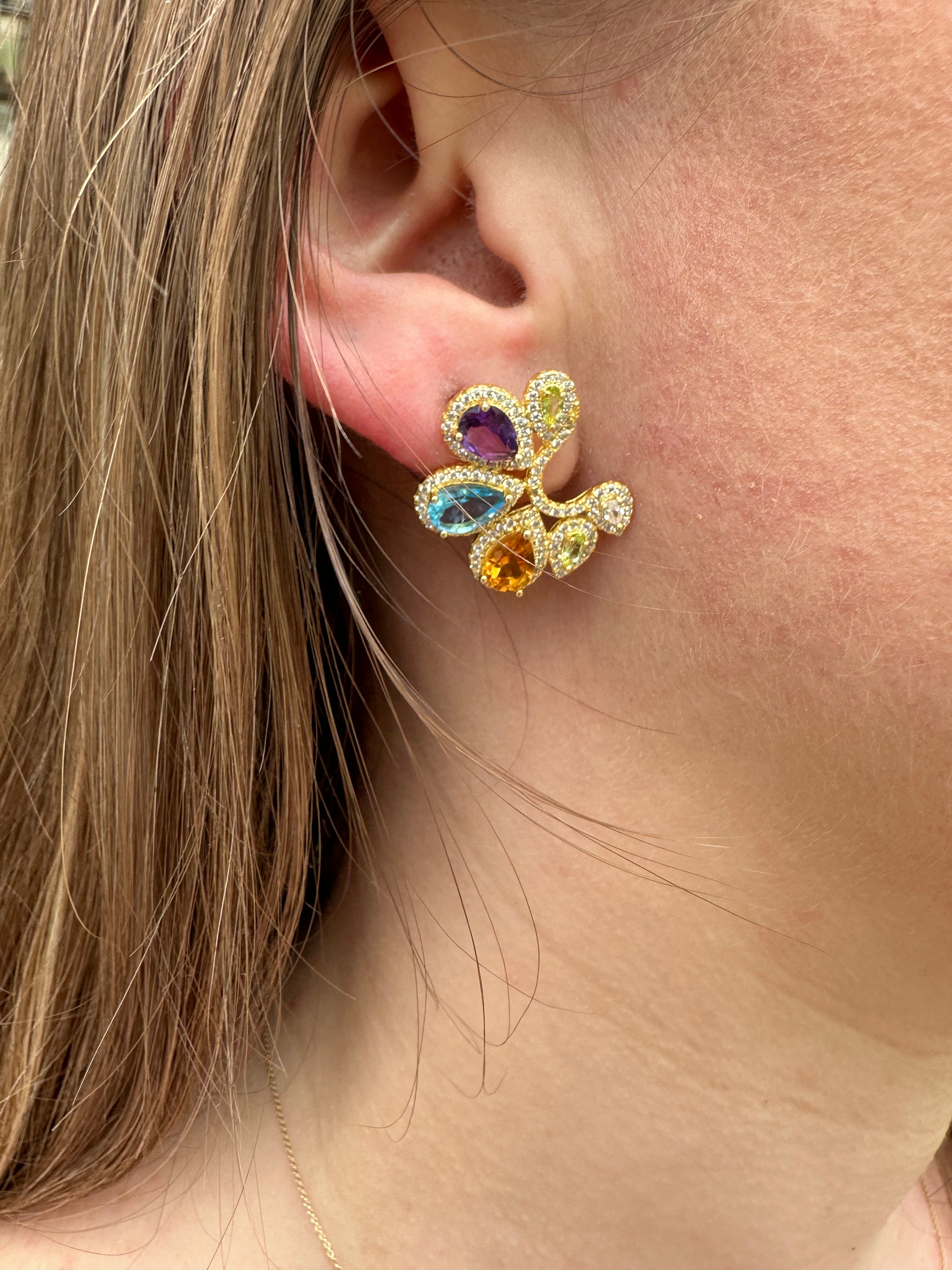 Multi Stone Crescent Earrings