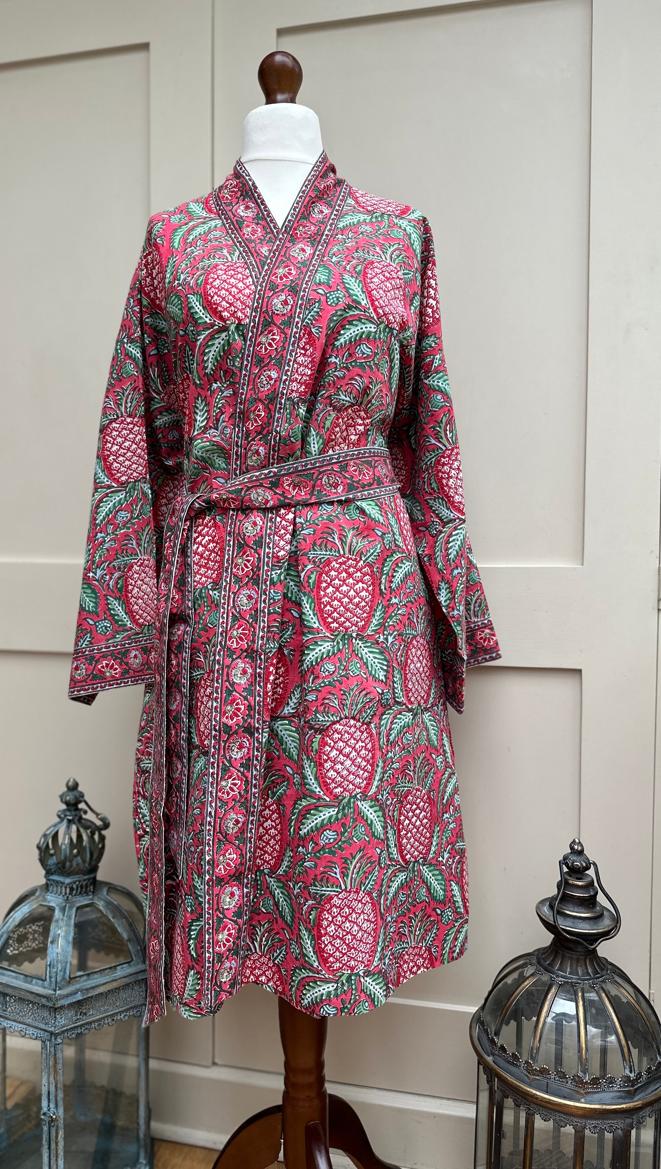 Anokhi Rosy Pineapple Midi Dressing Gown