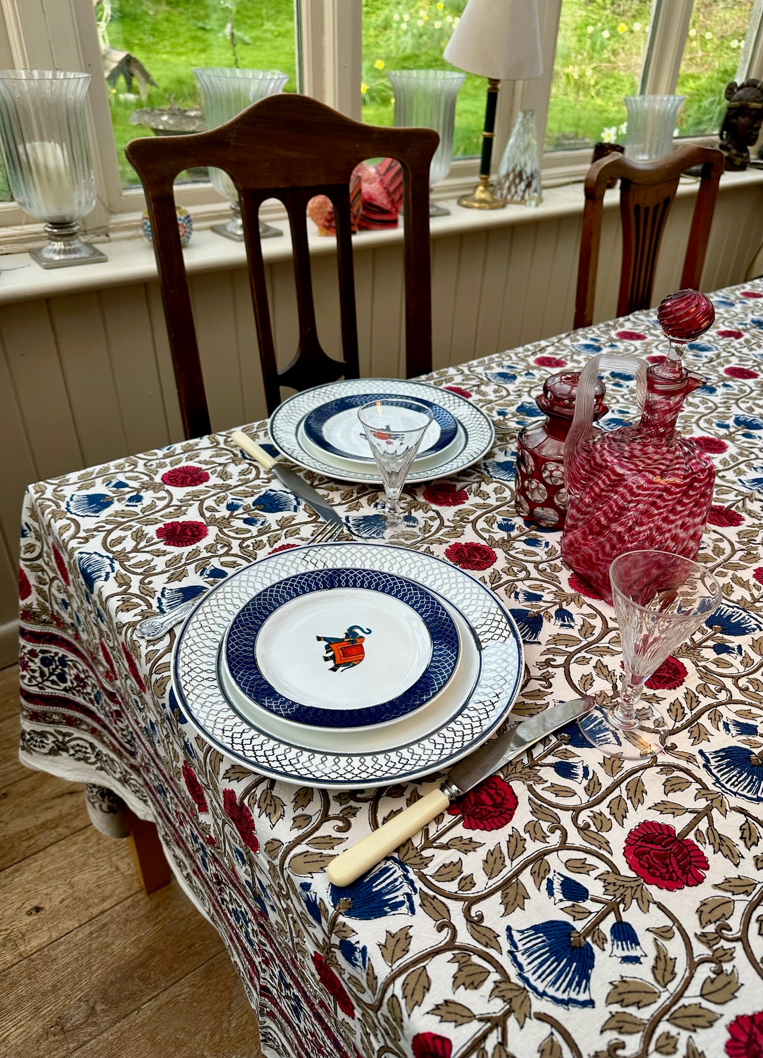 Anokhi Blue and Red Tulip Tablecloth