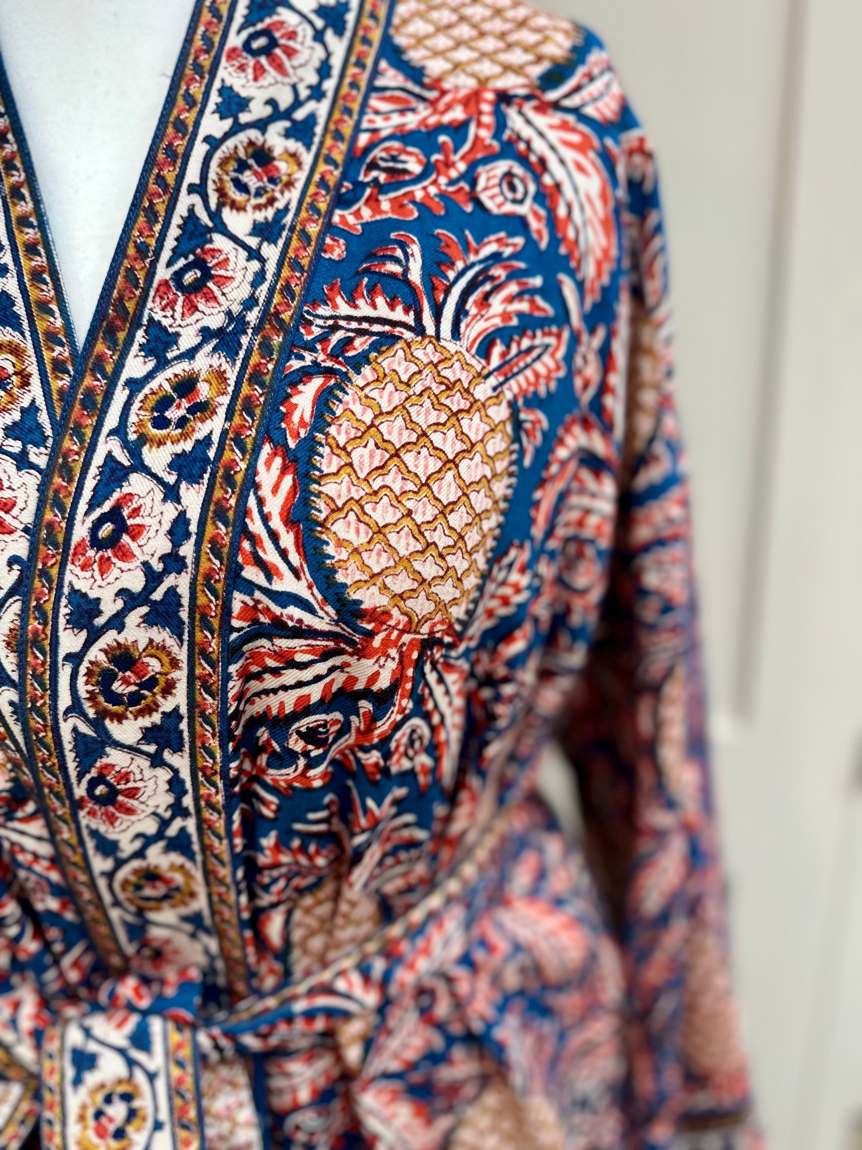 Anokhi Blue Pineapple Long Dressing Gown