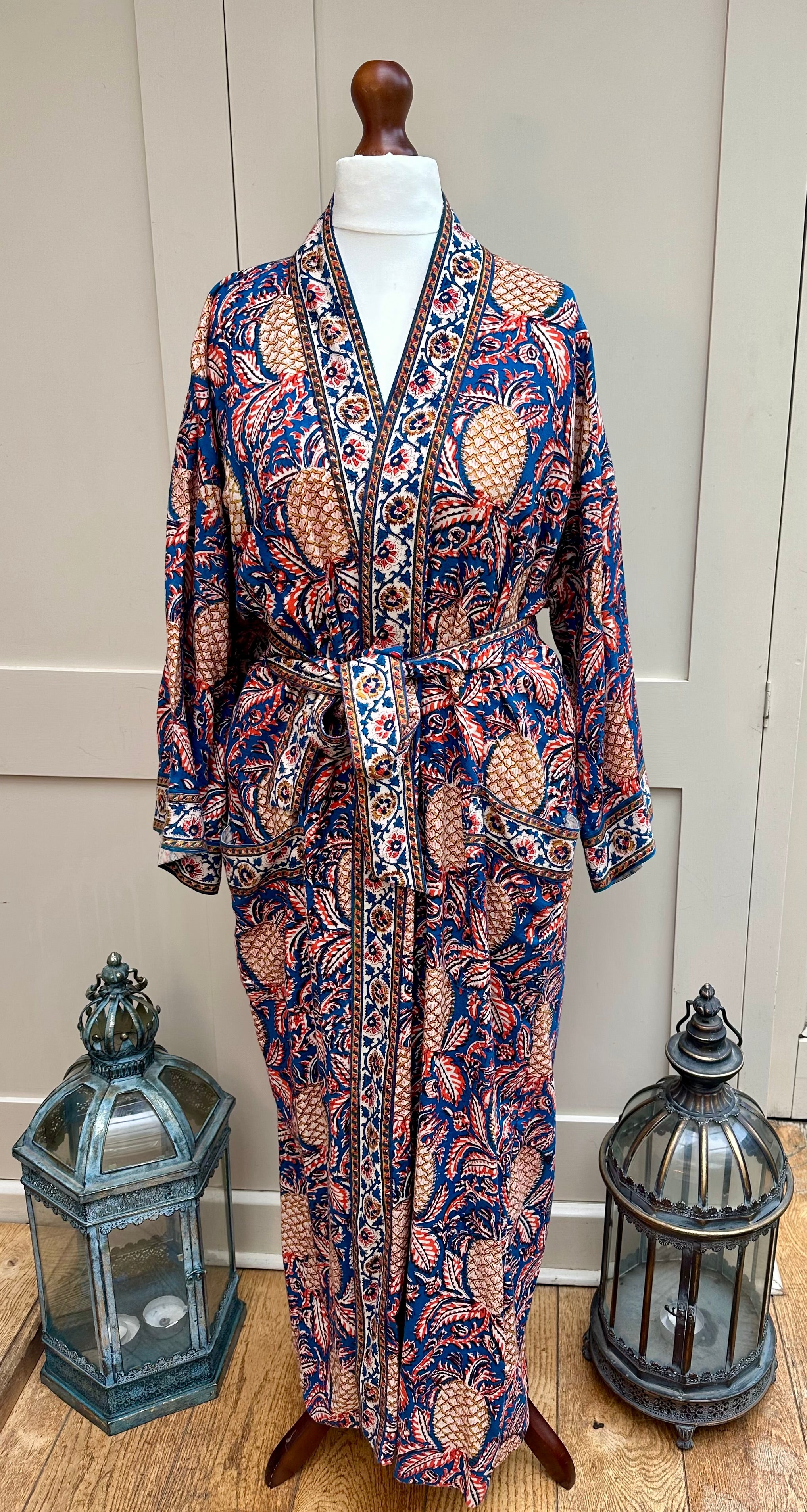 Anokhi Blue Pineapple Long Dressing Gown