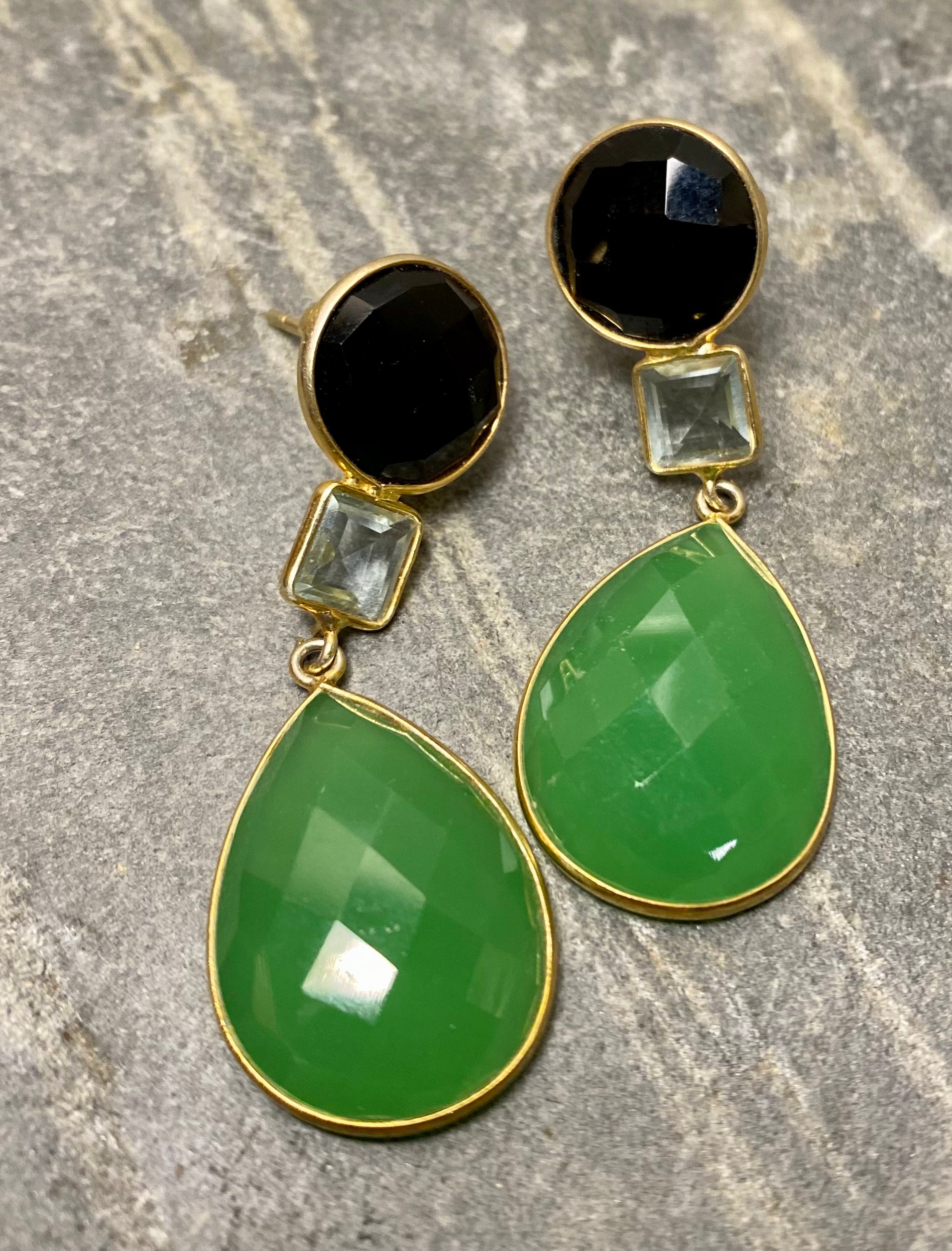 Black Onyx,Rock Crystal and Green Chalcedony Mavis Earrings