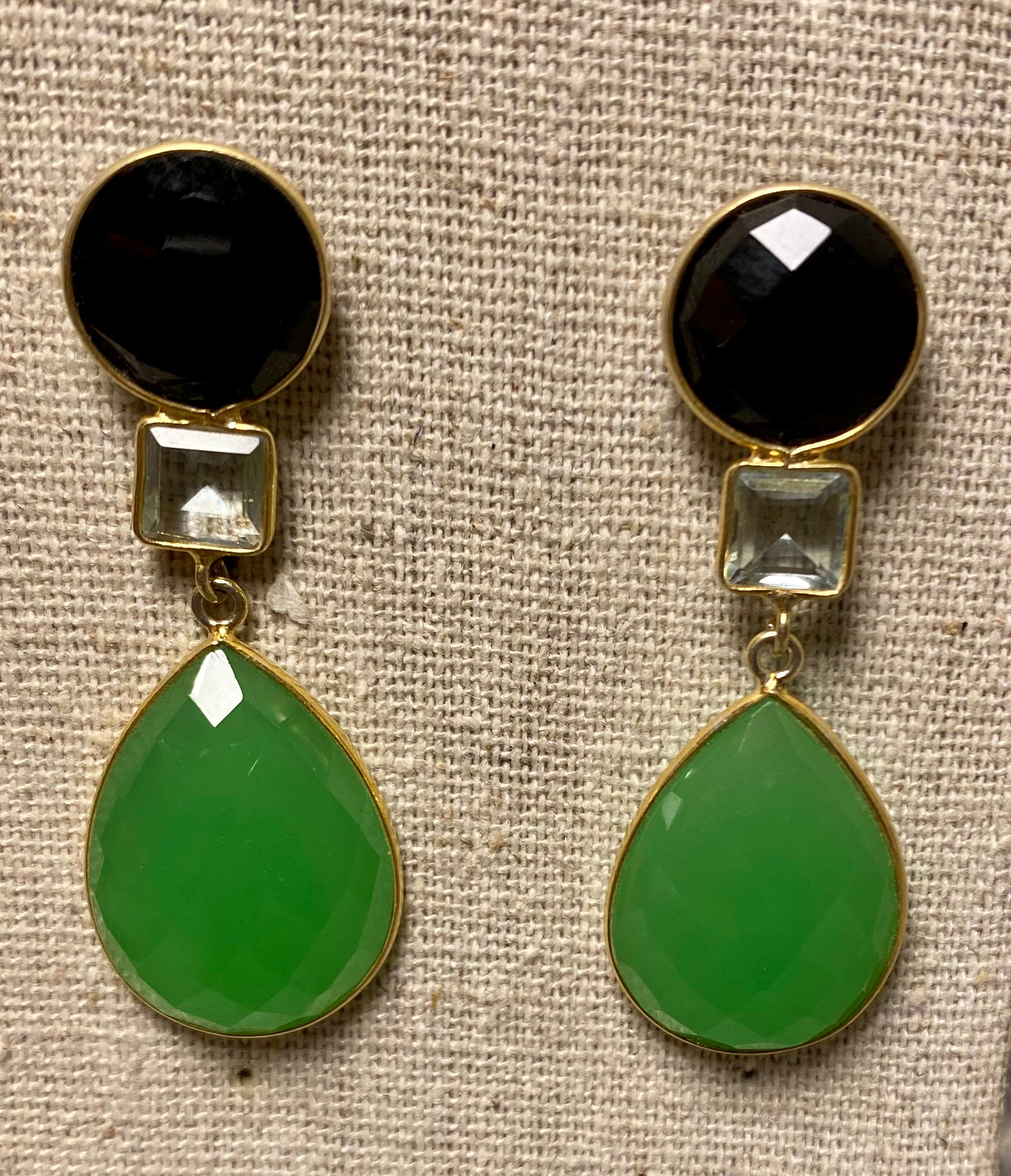 Black Onyx,Rock Crystal and Green Chalcedony Mavis Earrings